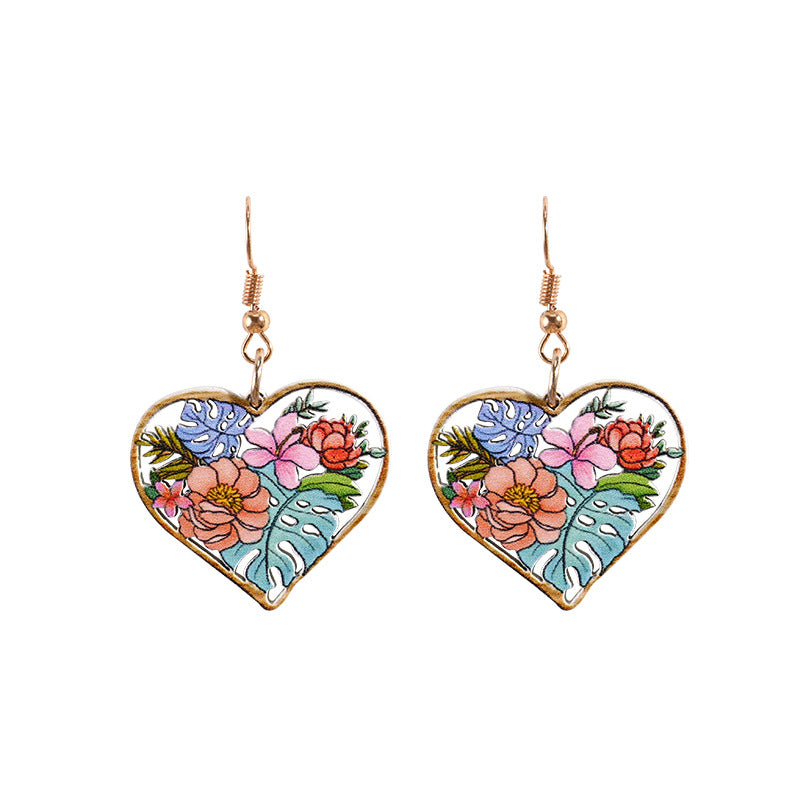 Mixed Flower Pattern Heart Drop Dangle Earrings Women Jewelry Gift for Her Accessories