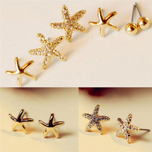 3pairs Sea Star Stud Earrings Accessories Gift Women Girl Fashionable Jewelry