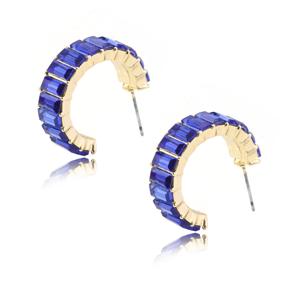 Multicolor glass diamond C-shaped earrings