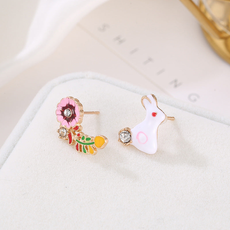 Rabbit and Flower Stud Earrings Fashion Women Female Earrings Piercing Jewelry