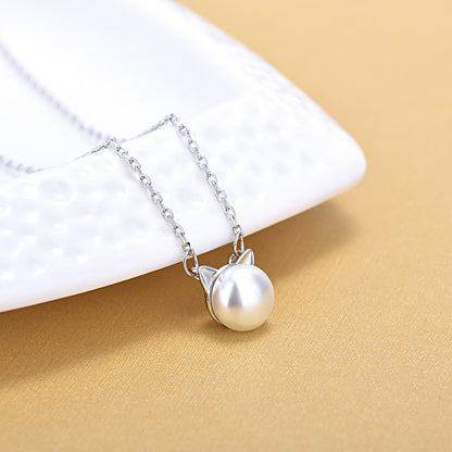 Sweet And Lovely Pearl Cat Ears Plated Platinum Short Necklace Temperament Kitten Clavicle Chain