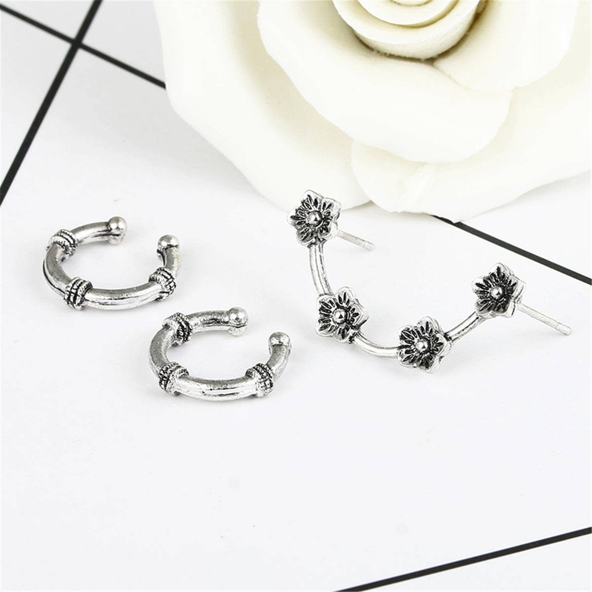 3pc Set Antient Silvery Flower Ear Cuff Stud Earrings Fashion Jewelry for Girls