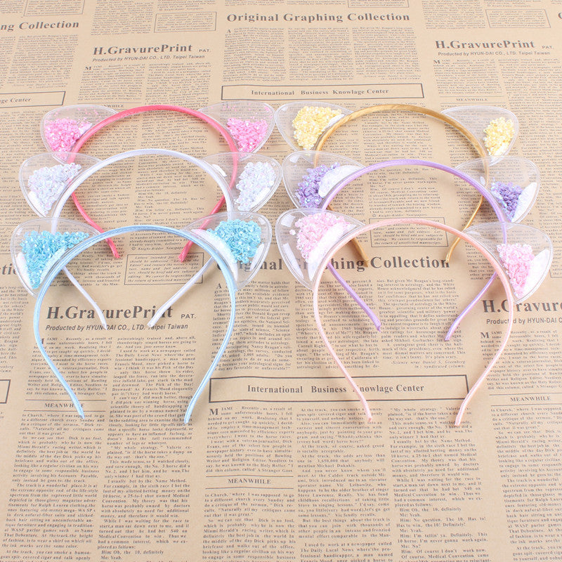 Popular Transparent Stereotyped Inflatable Shiny Sequined Quicksand Cat Ears Headband