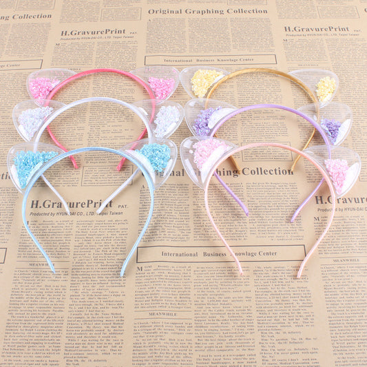 Popular Transparent Stereotyped Inflatable Shiny Sequined Quicksand Cat Ears Headband