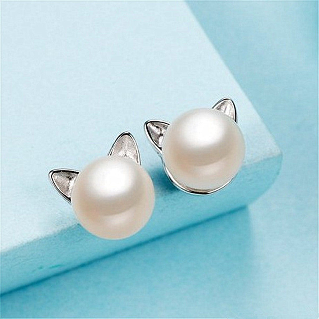 Cute Cat Pearl Stud Earrings Women Fashion Jewelry Girl Accessory Modern Studs Earring