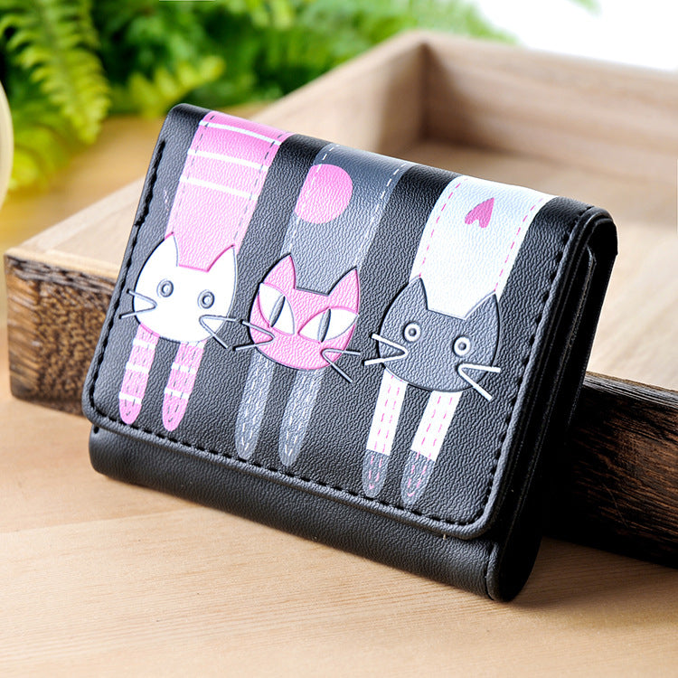 Korean short student wallet small 3 fold cartoon cat cute lady wallet card pack coin purse