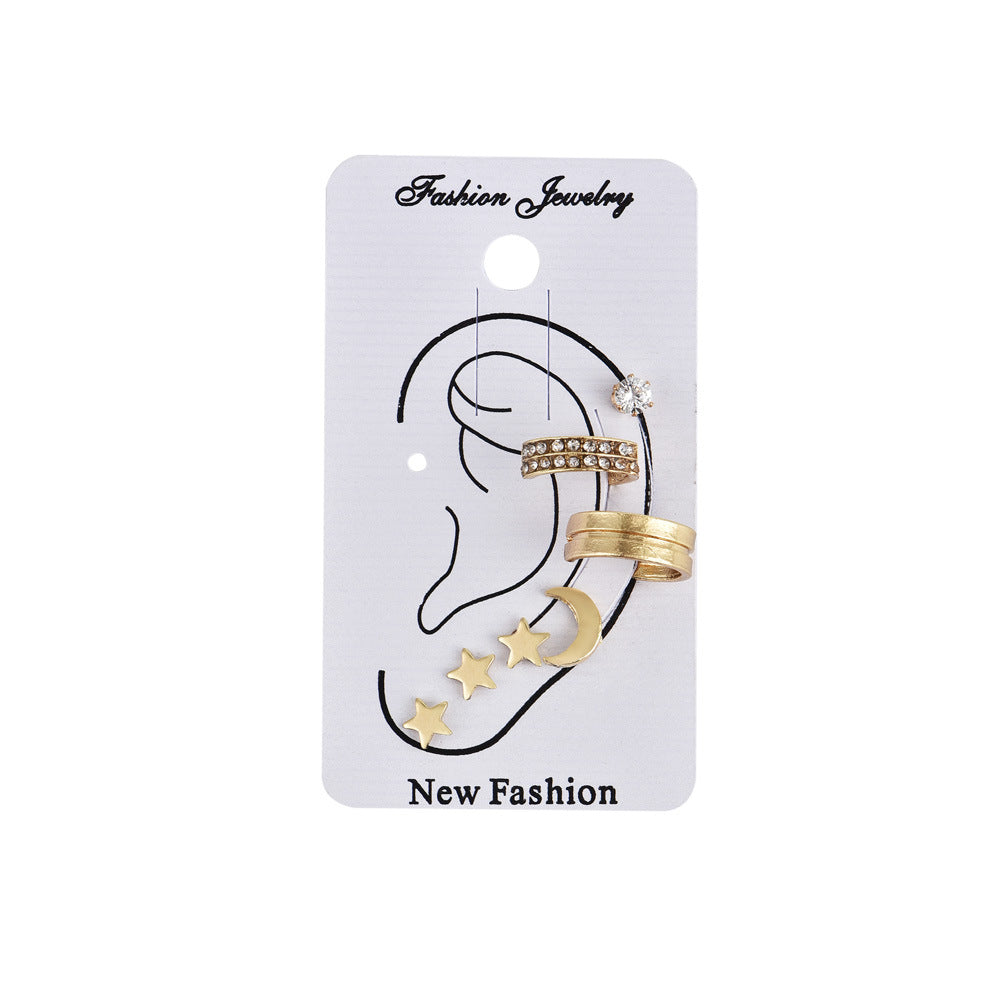 7pc Set Moon Star Stud Earrings Ear Cuff Women Fashionable Luxurious Earrings