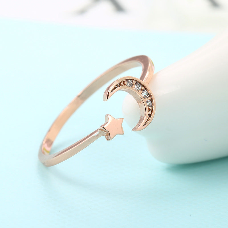 Rose Gold Color Mini Star Cute Moon Open Ring for Women Cubic Zirconia Crystal Bague Jewelry