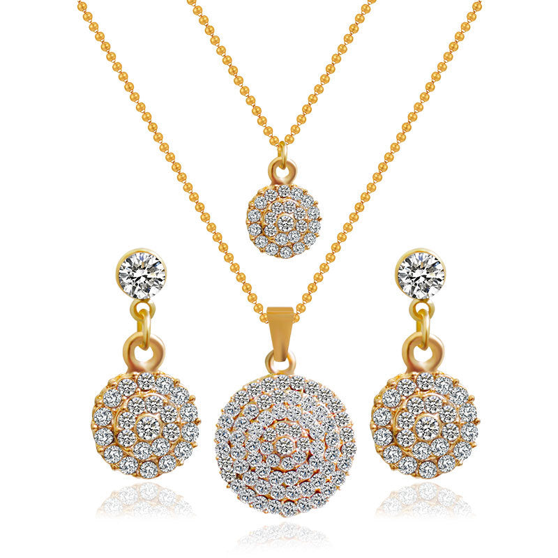 The bride jewelry two piece Necklace Earrings Set Round Diamond Jewelry Set Gold Jewellery Set