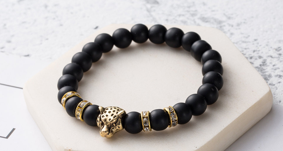 8mm Natural Stone Lava Stone Bead Bracelet For Men Leopard Head Leopard Pendant Charm Bracelet Handmade Jewelry