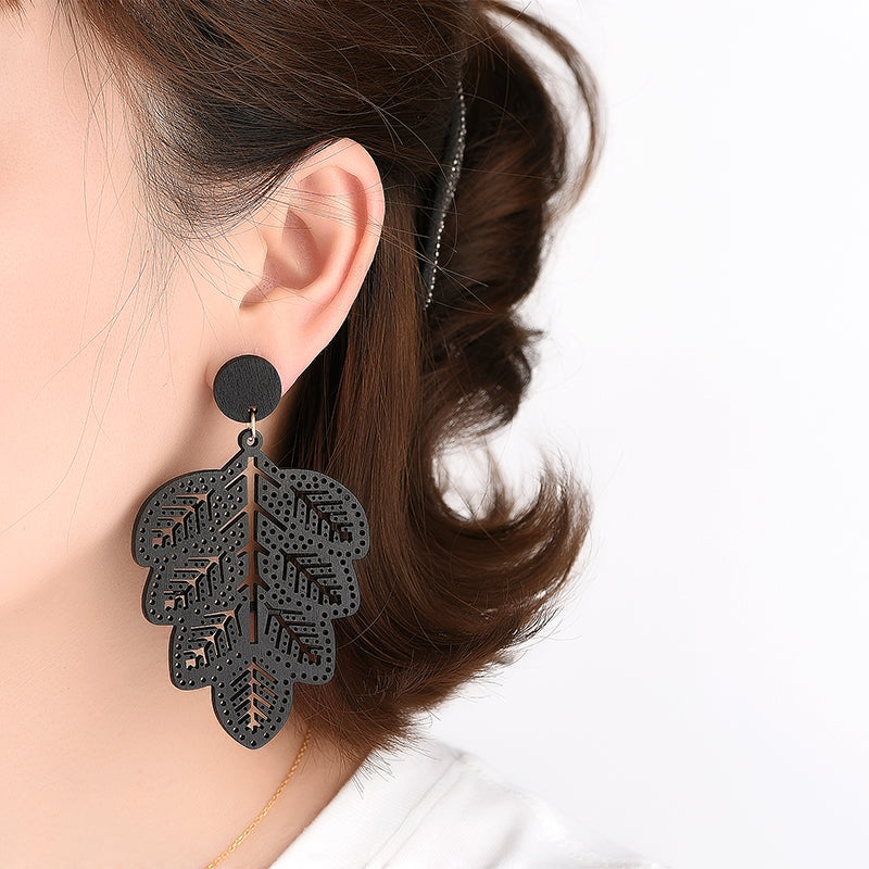 Wooden Black Leaf Drop Earrings Women Jewelry Mom Gift Everyday Wear Earrings