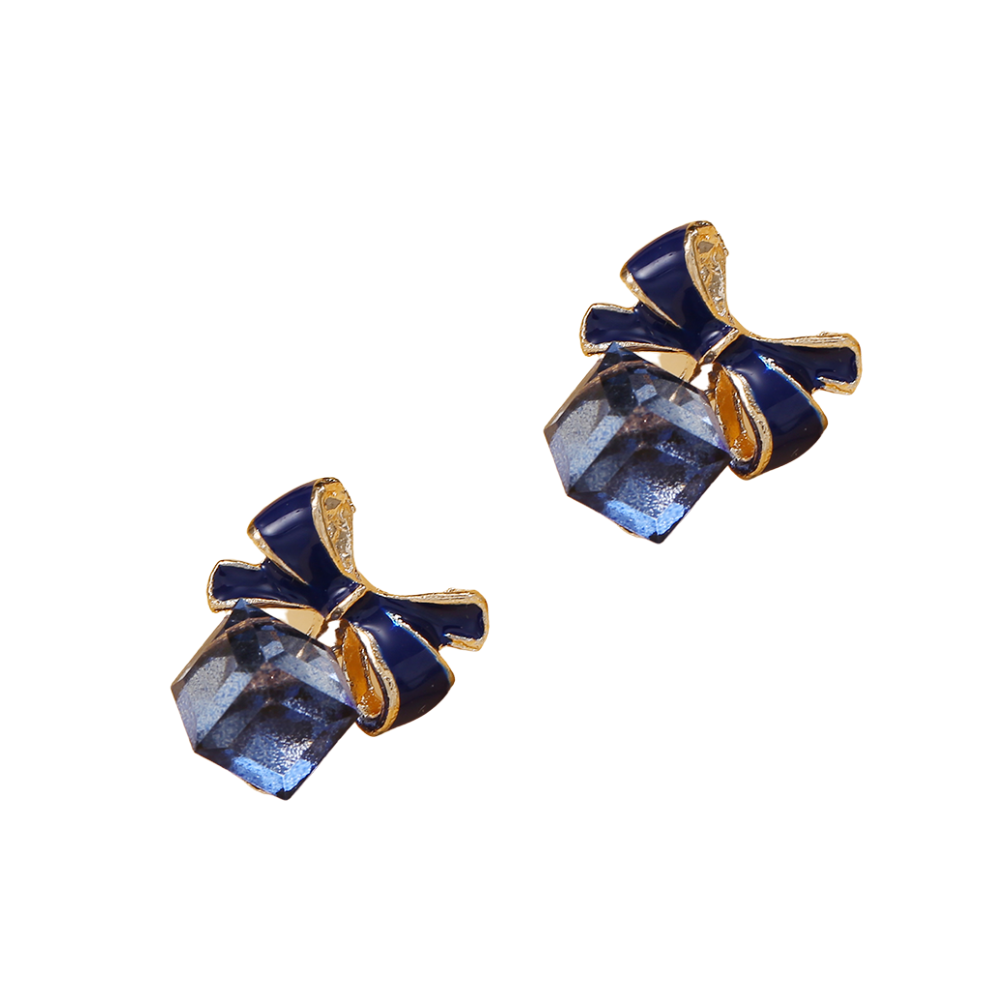 Navy Blue Bow Stud Earrings Women Fashionable Luxurious Earrings Jewelry