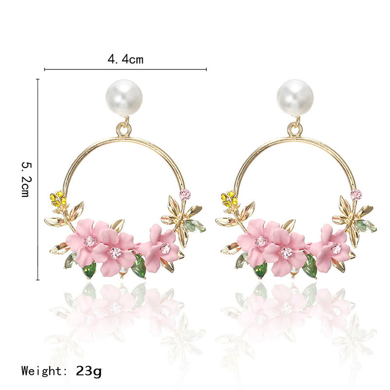 Trendy Cute Pink Flower Earrings For Women Girls Jewelry Female Rhinestone Gold Metal Round Circle Earrings Gift