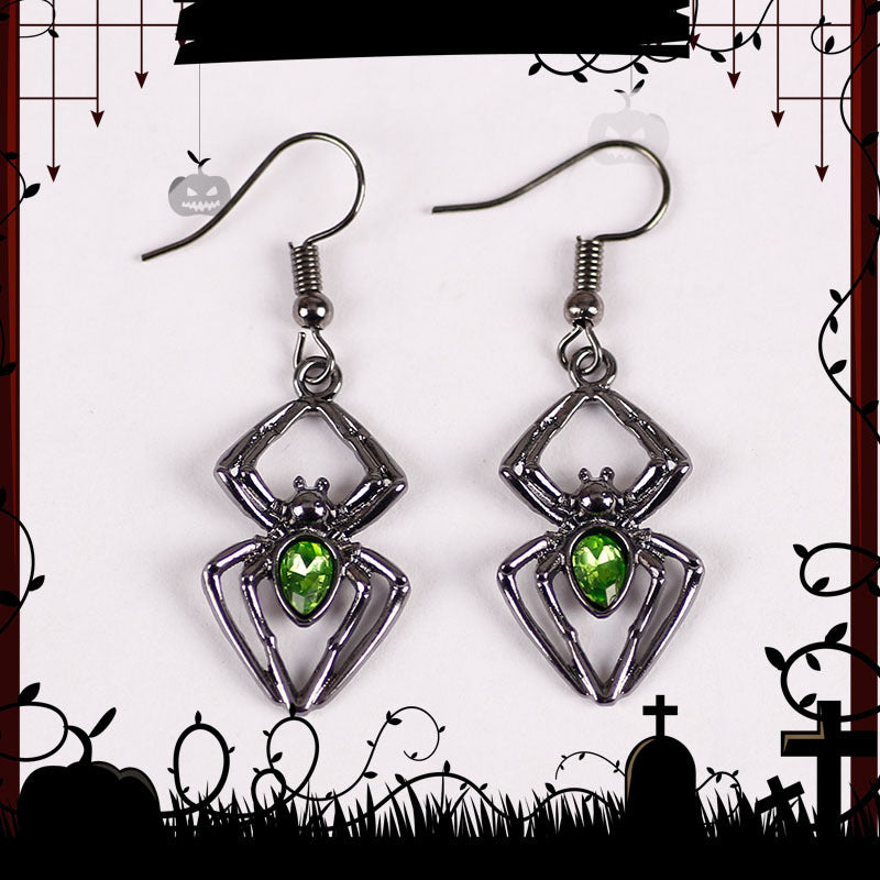 Green Detail Spider Design Ear Drop Earrings Dangle Women Fashion Jewelry Gift for Her