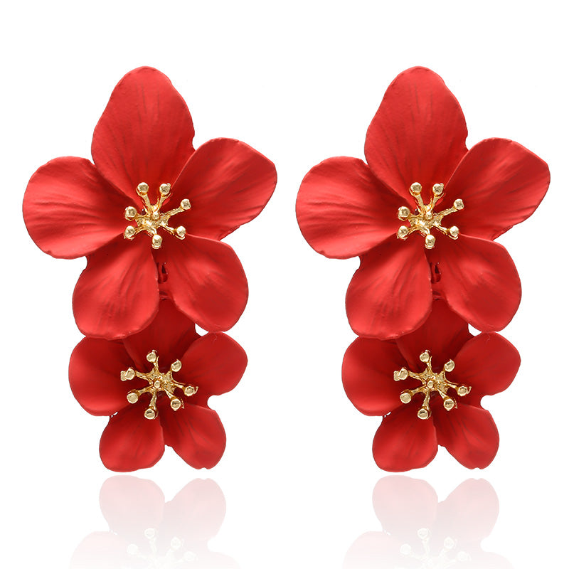 Double Layer Flower Women Earrings European And American Alloy Drip Spray Paint Baking Sweet Two-tone Flower Earrings