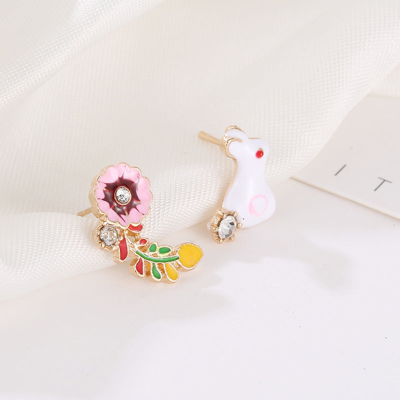 Rabbit and Flower Stud Earrings Fashion Women Female Earrings Piercing Jewelry