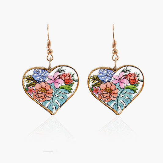 Mixed Flower Pattern Heart Drop Dangle Earrings Women Jewelry Gift for Her Accessories