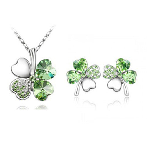 Four-leaf clover crystal necklace earrings