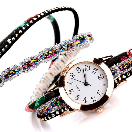 Watch color woven floral bracelet watch fashion printed woven diamond ladies circle watch factory direct