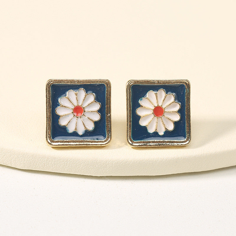 Square Flower Stud Earrings for Girls Women Stud Jewelry Gift Accessories