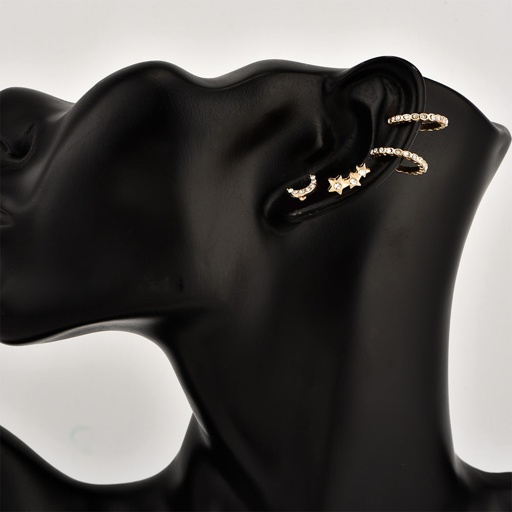 4pc Set Star Moon Stud Earrings Ear Cuffs Women Fashionable Luxurious Earrings