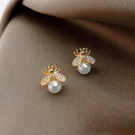 Bee and Pearl Stud Earrings for Girls Women Stud Jewelry Gift Accessories