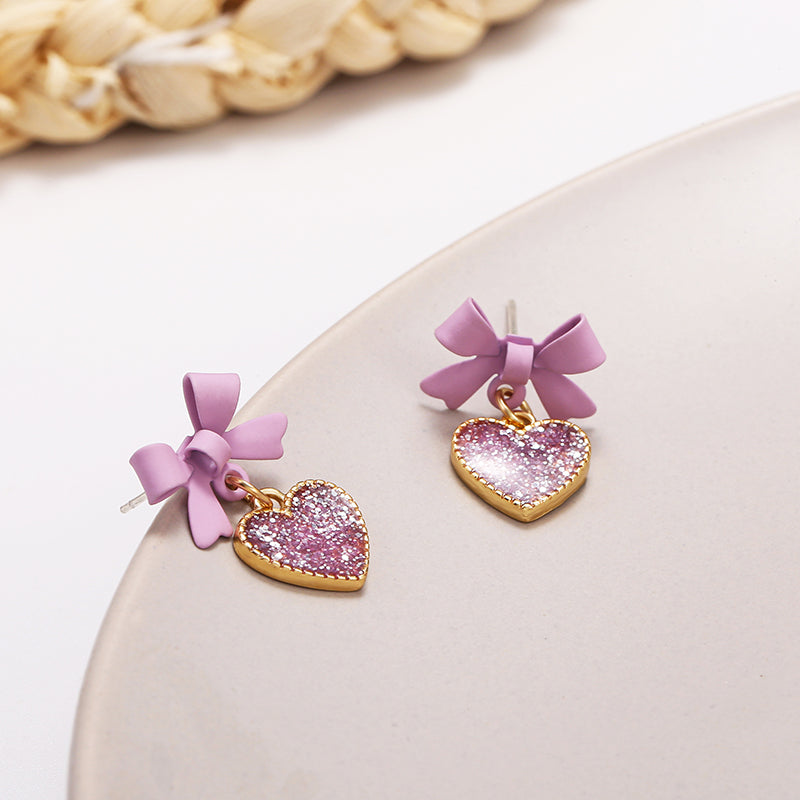 Purple Heart Bow Jewelry Fashion Dangle Earrings for Girls Party Birthday Gift