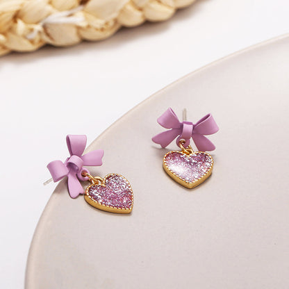 Purple Heart Bow Jewelry Fashion Dangle Earrings for Girls Party Birthday Gift