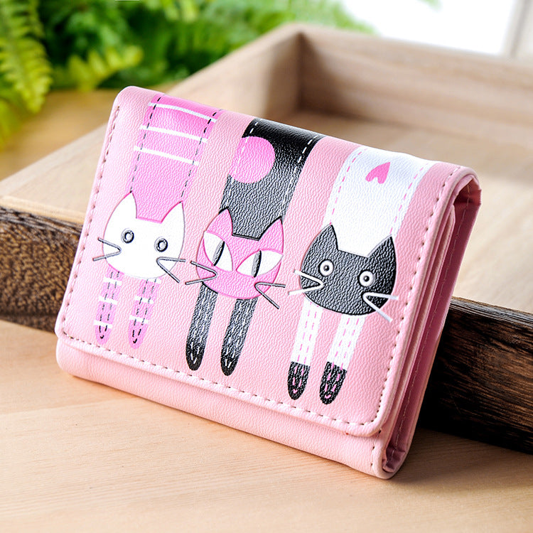 Korean short student wallet small 3 fold cartoon cat cute lady wallet card pack coin purse