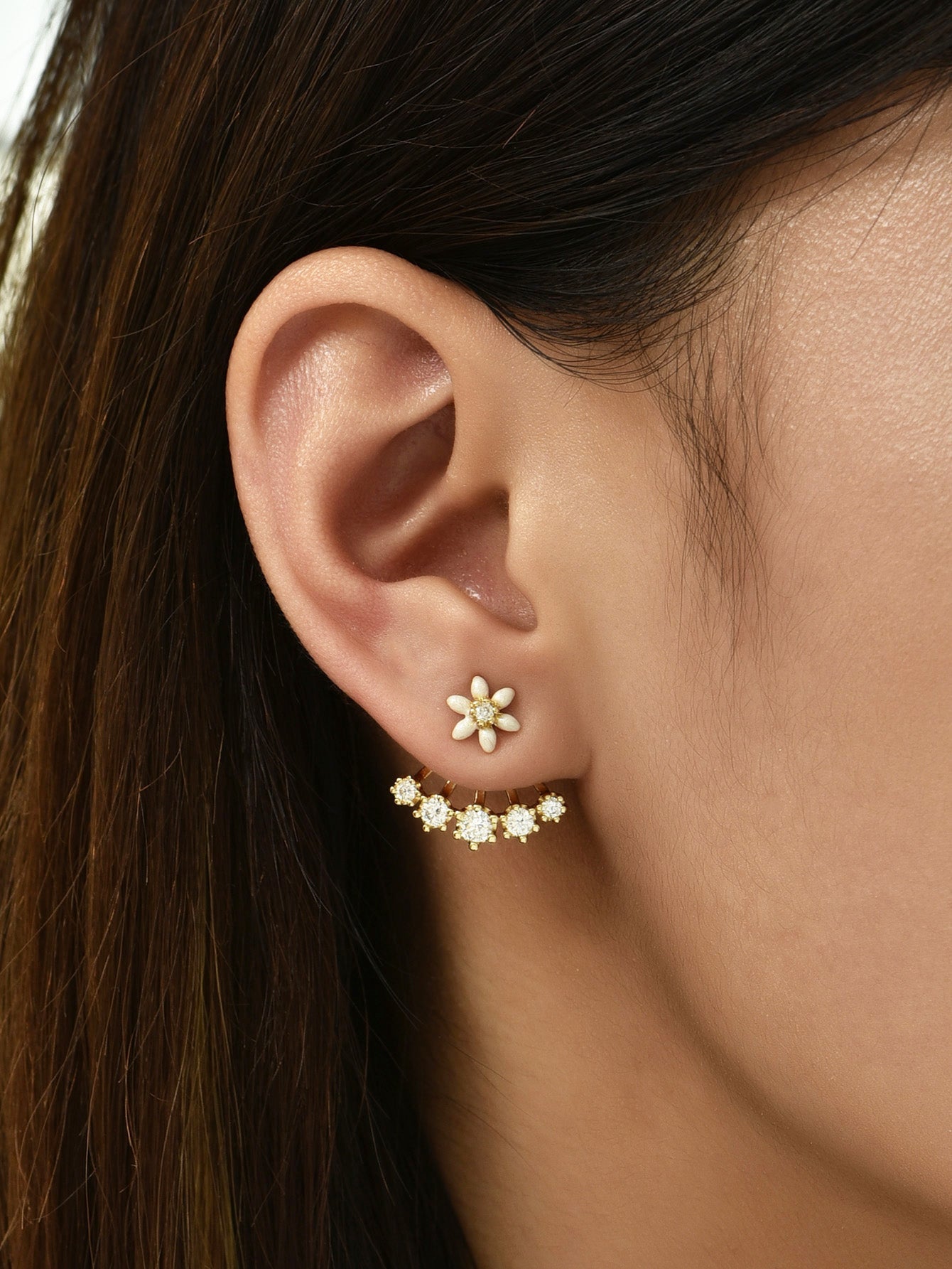 Flower Design Ear Jacket Stud Earrings Dangle Women Fashion Jewelry Gift for Her