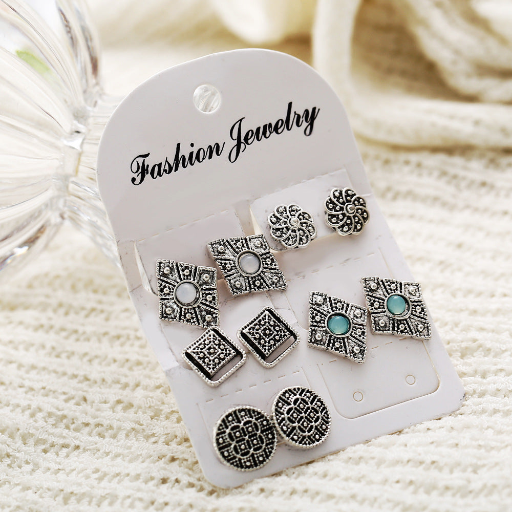 5pairs Flower Rhombus Stud Earrings Women Jewelry Mom Gift Everyday Wear