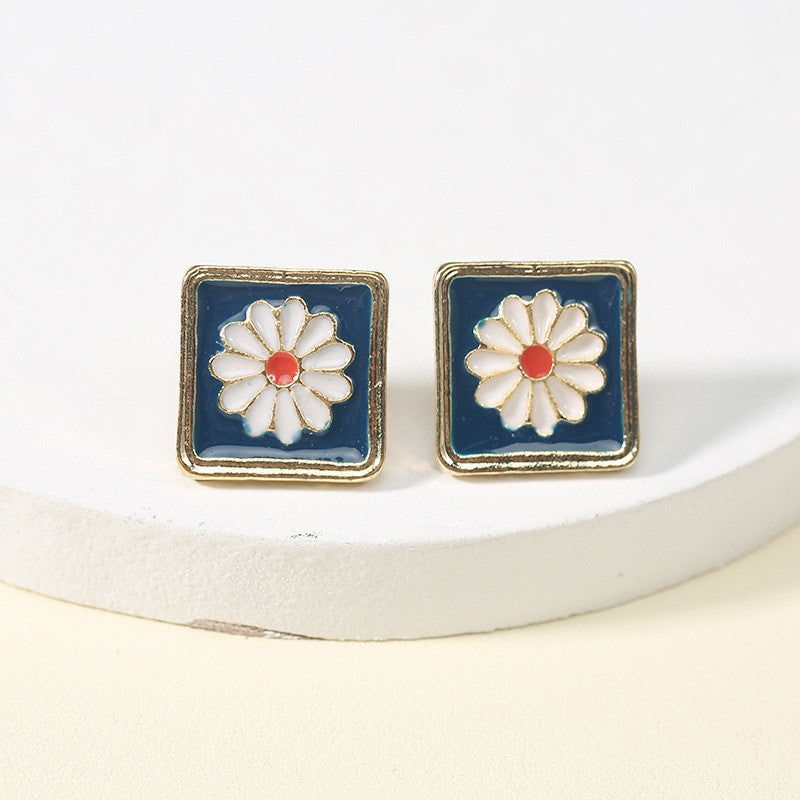 Square Flower Stud Earrings for Girls Women Stud Jewelry Gift Accessories