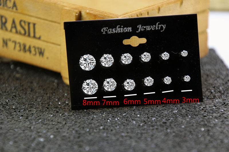 6pairs 6 Sizes Rhinestone Stud Earrings Fashion Women Female Earrings Piercing