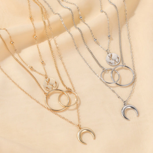 Fashion Multilayer Alloy Map Moon Necklace Three Layers