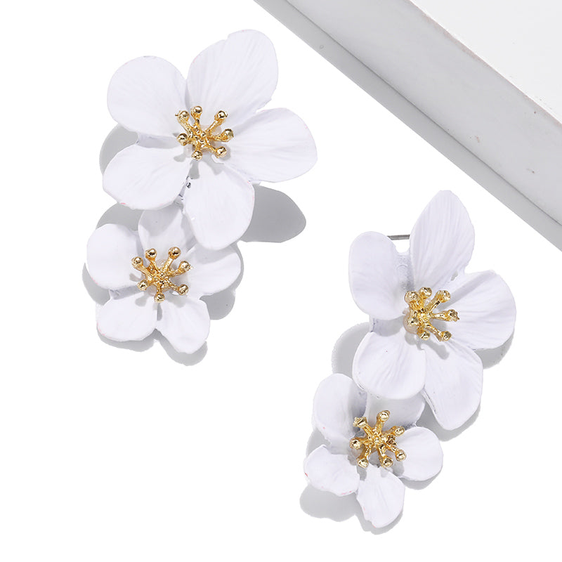 Double Layer Flower Women Earrings European And American Alloy Drip Spray Paint Baking Sweet Two-tone Flower Earrings