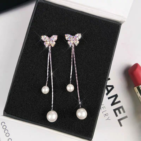 Butterfly Faux Pearl Tassel Dangle Earrings Jewelry Accessories Girls Fashion Accessory