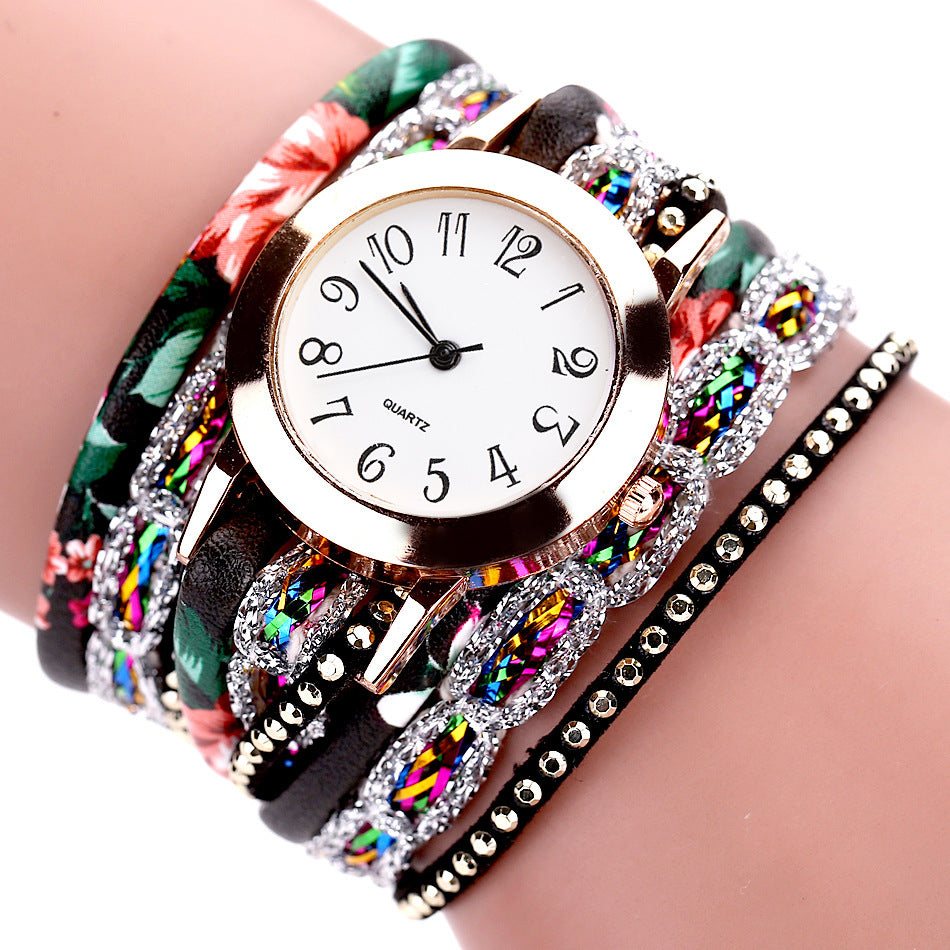 Watch color woven floral bracelet watch fashion printed woven diamond ladies circle watch factory direct