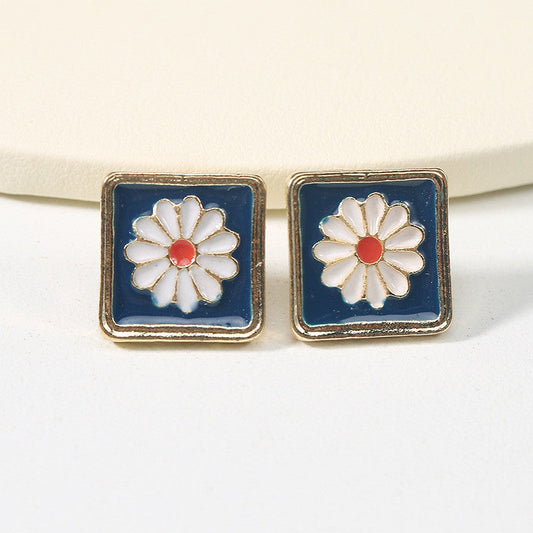 Square Flower Stud Earrings for Girls Women Stud Jewelry Gift Accessories