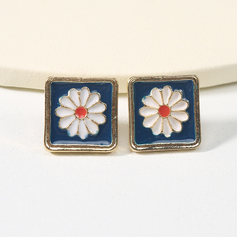 Square Flower Stud Earrings for Girls Women Stud Jewelry Gift Accessories