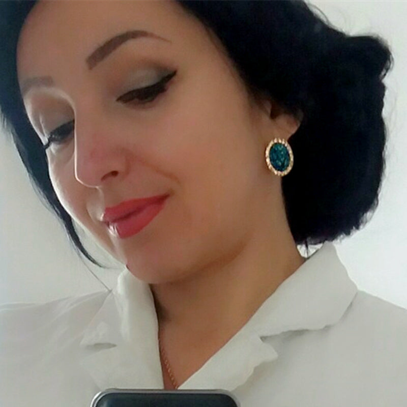 Blue Glitter Oval Stud Earrings Fashion Women Female Earrings Piercing Jewelry