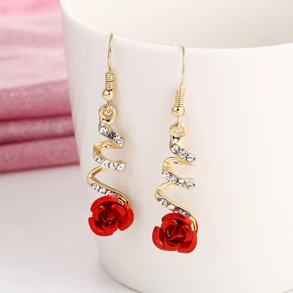 Red Rose Drop Earrings Vintage Women Rose Spiral Dangle Earring Fashion Jewelry