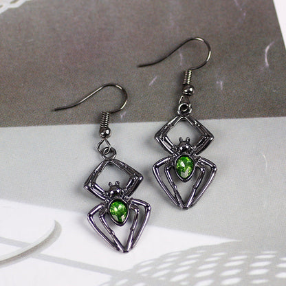 Green Detail Spider Design Ear Drop Earrings Dangle Women Fashion Jewelry Gift for Her