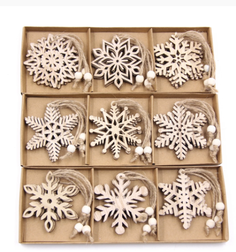 12PCS Box Multi Christmas Snowflakes Wooden Pendants Ornamen