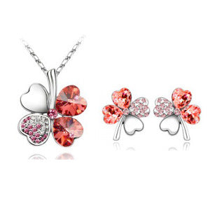 Four-leaf clover crystal necklace earrings