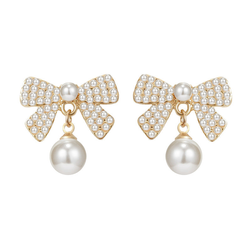 Cute Pearl Bow Stud Earrings Accessories Gift Women Girl Fashionable Jewelry