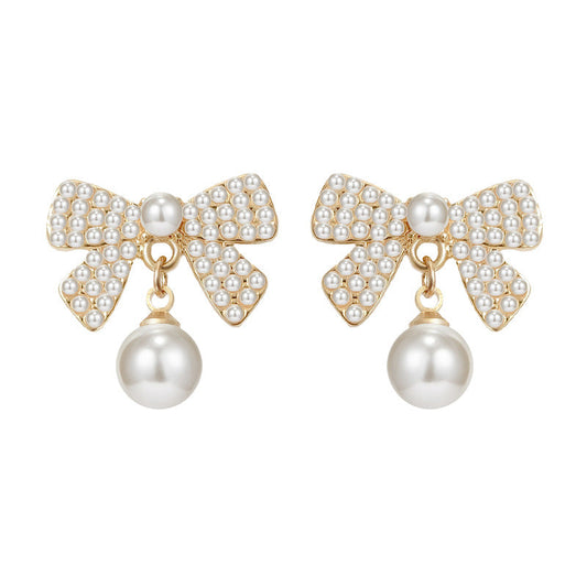 Cute Pearl Bow Stud Earrings Accessories Gift Women Girl Fashionable Jewelry