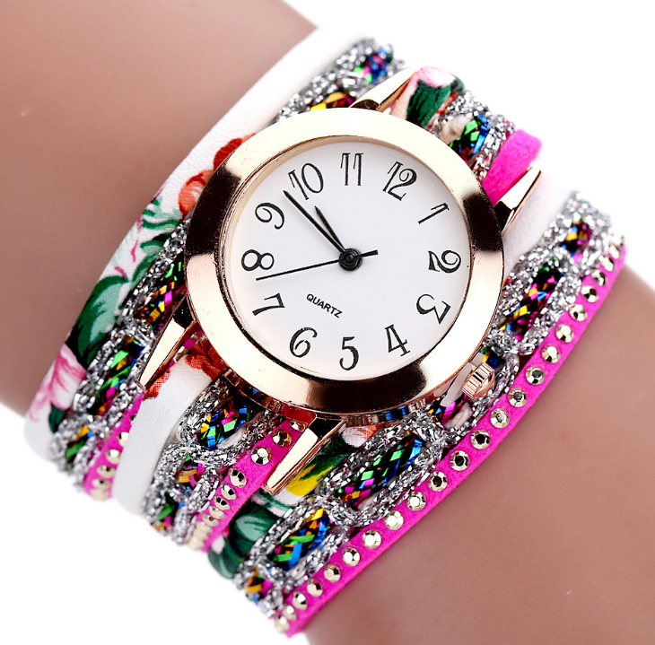 Watch color woven floral bracelet watch fashion printed woven diamond ladies circle watch factory direct