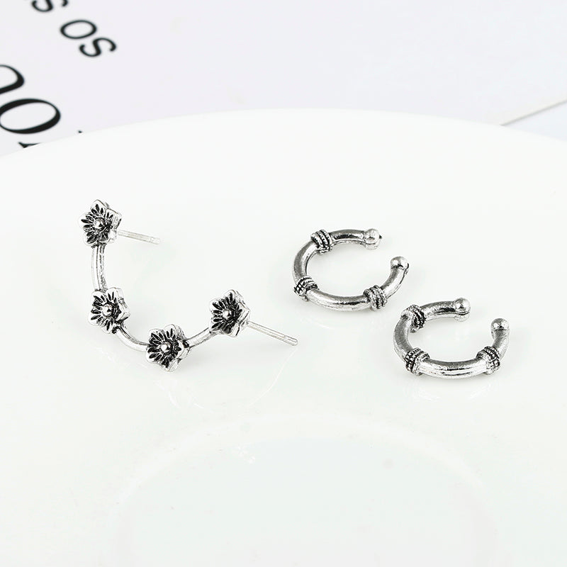 3pc Set Antient Silvery Flower Ear Cuff Stud Earrings Fashion Jewelry for Girls