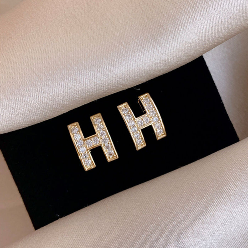 Rhinestone Letter H Stud Earrings Female Girl Fashion Earrings Birthday Holiday