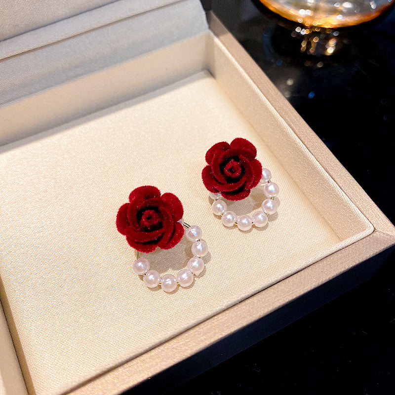 Red Rose Pearl Jewelry Stud Earring Modern Fashion Women Earrings Piercing Studs